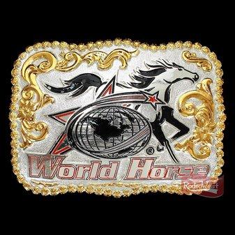 Fivela sumetal world horse c/ banho dourado e prat