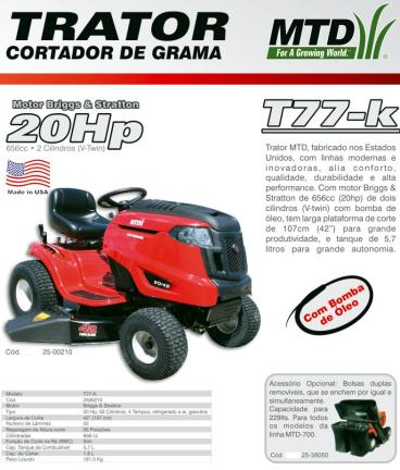 Trator cortador de grama mtd t-77k